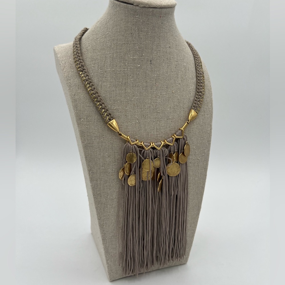 Stella and Dot grey and gold tassel necklace